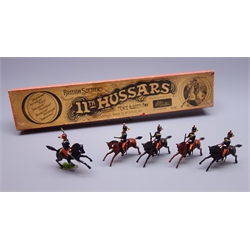  Britains Set No.12 11th Hussars 'Prince Albert's Own' with four Hussars on cantering horses and associated officer on rearing horse, in original early illustrated box  