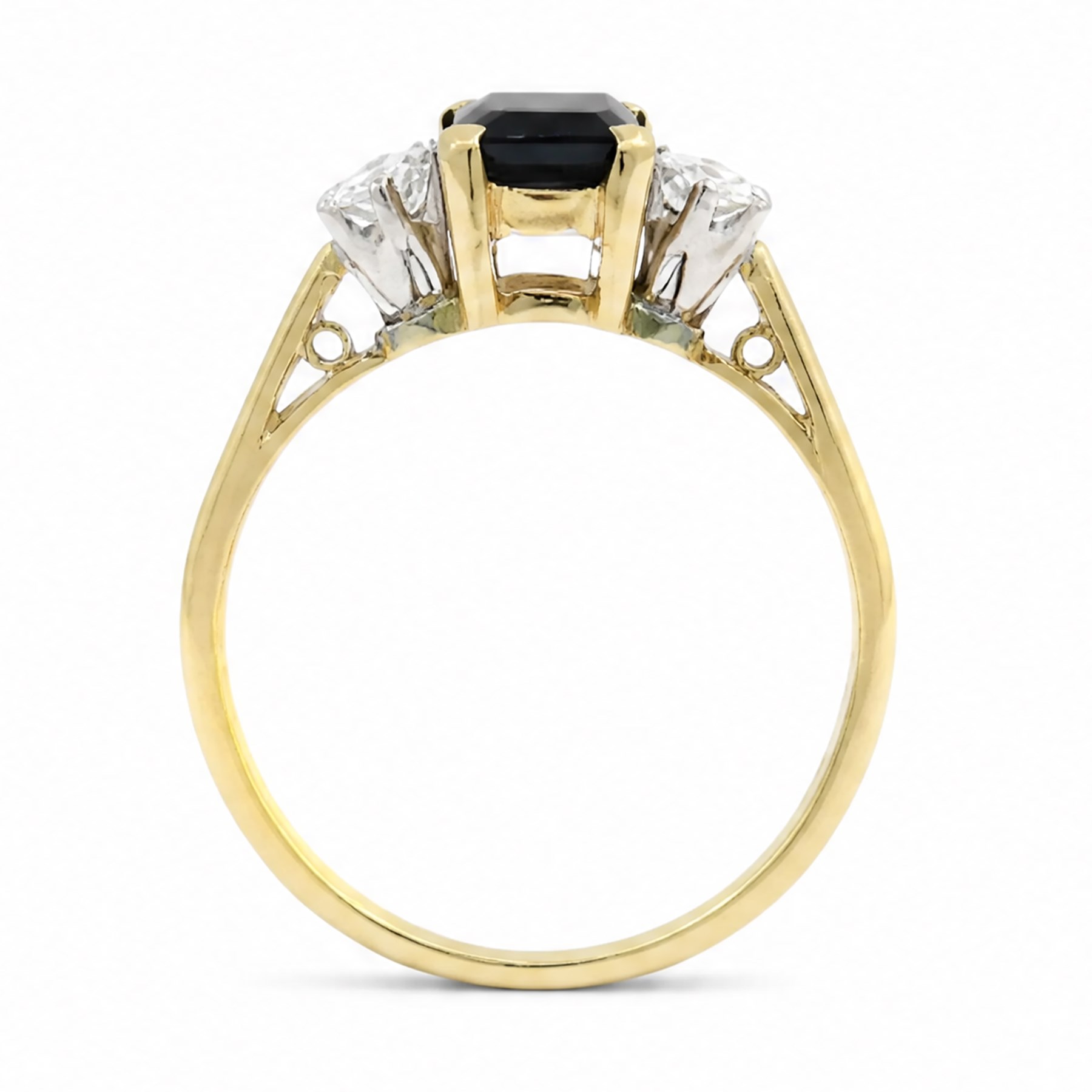 18ct gold sapphire and diamond three stone ring, single octagonal cut sapphire of approx 0.90 carat, with a round brilliant cut diamond set either side, London 1996, total diamond weight approx 0.30 carat