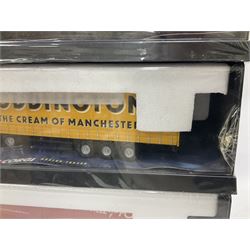Corgi - three 'Modern Trucks' 1:50 scale heavy haulage vehicles comprising 75202 ERF Curtainside Boddingtons; 75502 Leyland-DAF Box Trailer Royal Mail; and 75501 Leyland-DAF Box Trailer Parcelforce Worldwide; each in factory sealed perspex display case (3)