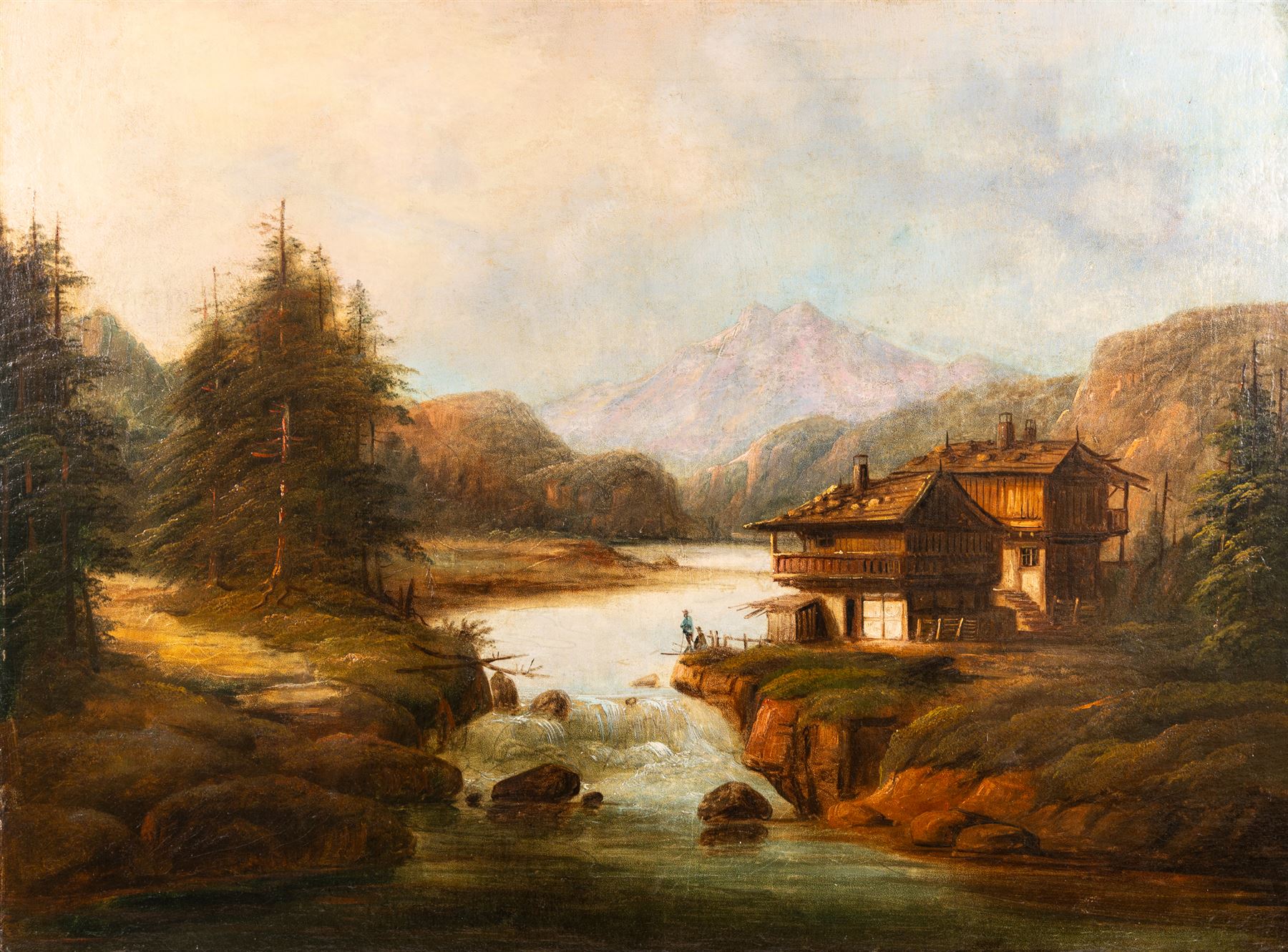 Continental School (19th century): German Alpine River Landscape, large oil on canvas in moulded gilt frame 66cm x 90cm