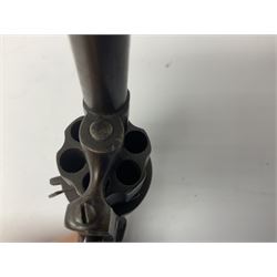 19th century Belgian Flobert 7mm pin-fire revolver with six-shot cylinder, 7cm octagonal to round barrel, folding trigger and walnut stock incorporating ejector rod in butt L18cm overall