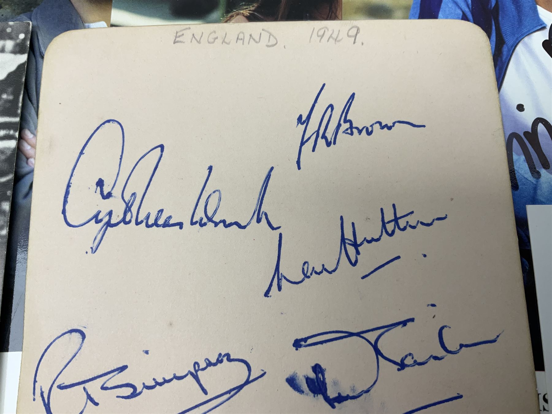 1949 England cricket team signatures including Hutton, Compton, Edrich, Laker etc on loose album page; and large quantity of other autographs of predominantly TV Soap Opera stars from Last of the Summer Wine, Eastenders, Emmerdale, Coronation Street, Heartbeat etc and other TV/Film personalities; on promotional photographs and clipped fragments of paper etc