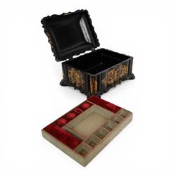 Victorian black lacquered papier-mâché sewing box, of rectangular form with shaped sides, the slightly domed top with inlaid mother of pearl and abalone decoration, the sides with gilt and polychrome painted scrollwork, the hinged cover opening to reveal a fitted interior with lift out tray, H14cm