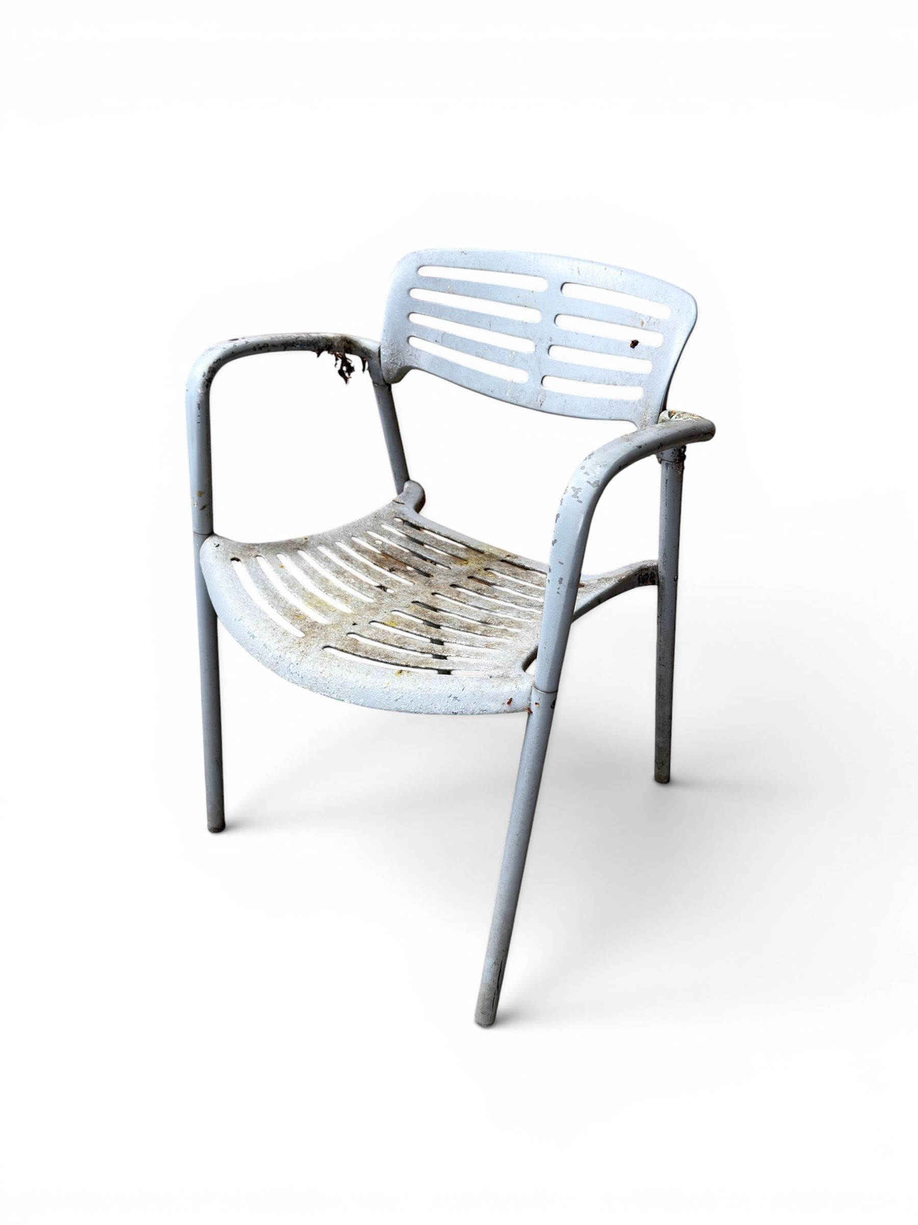 Set of eight mid-20th century painted aluminium garden armchairs, curved backs with shaped seat, stackable