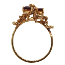 9ct gold three stone garnet, stepped design ring, hallmarked