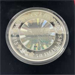 Royal Canadian Mint 2015 'Lustrous Maple Leaves' fine silver fifty dollar coin, cased with certificate