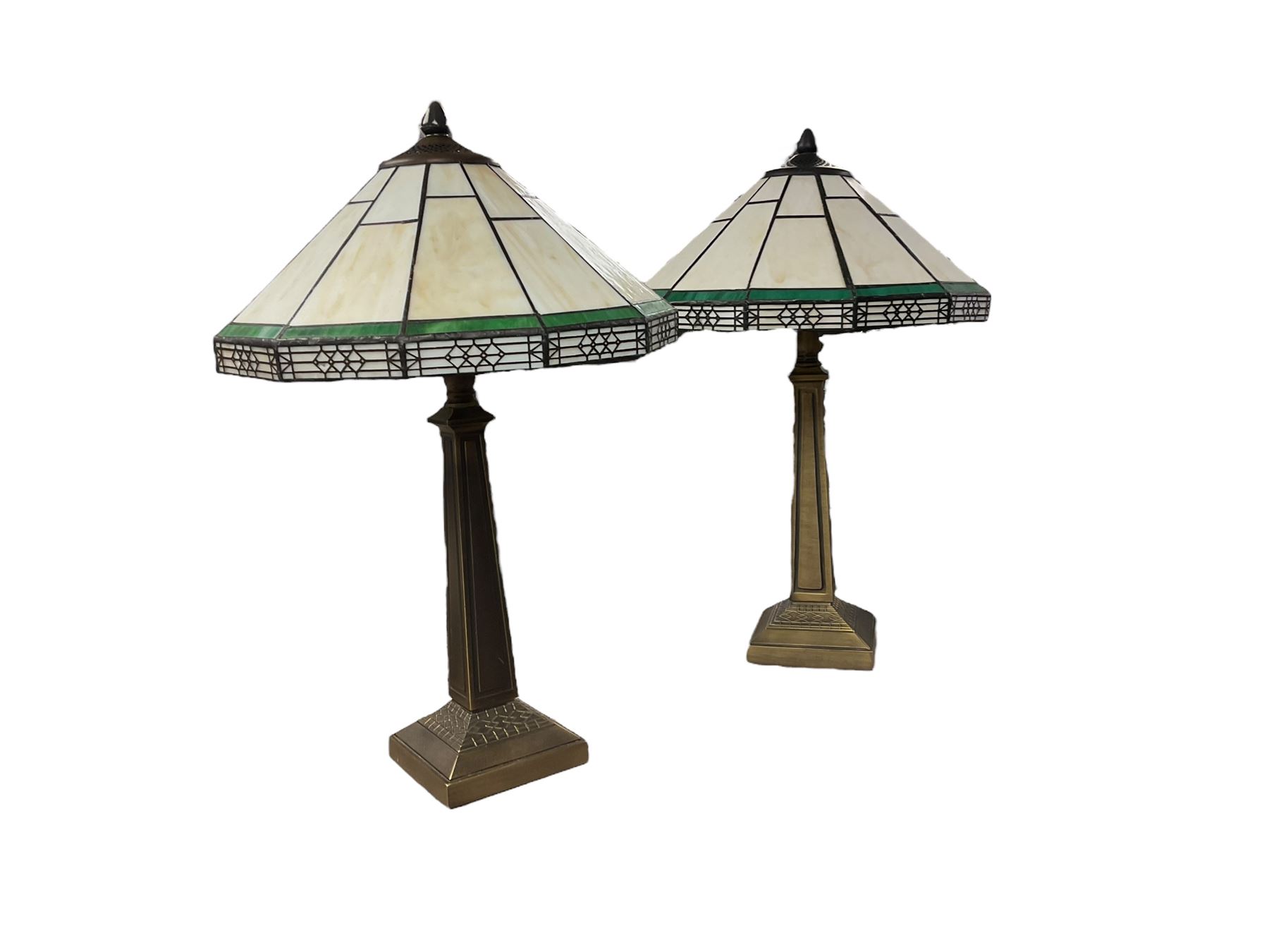 Pair of Tiffany style lamps with geometric patterns, H52cm