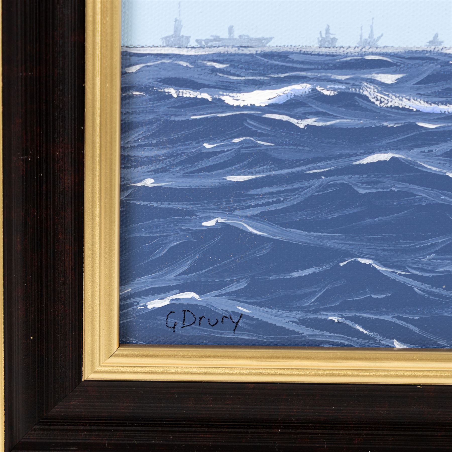 George Drury (British 1950-): 'Shamrock V and Enterprise - Americas Cup 1930', oil on canvas board signed, titled verso 38cm x 48cm