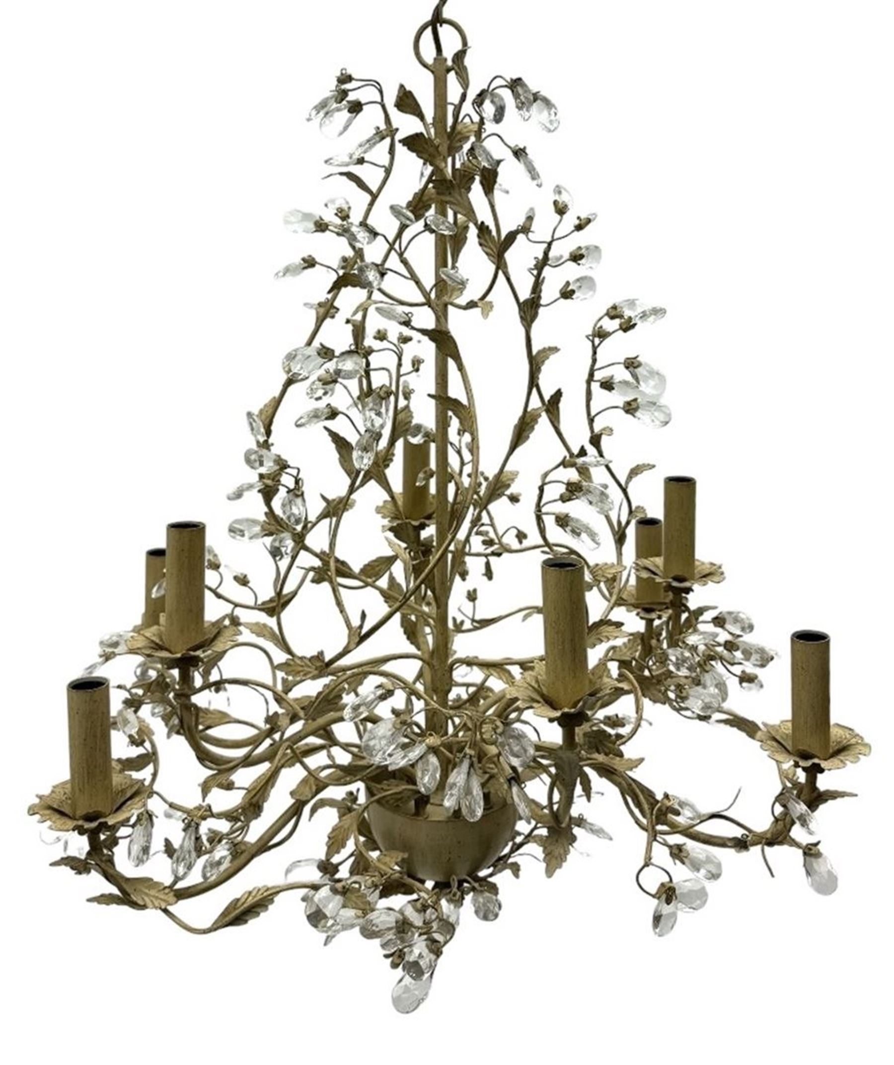 Laura Ashley - eight branch metal chandelier, decorated with trailing leafy branches and glass pendants, in ochre paint finish - ex-display/bankruptcy stock 