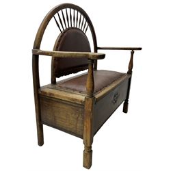 Early 20th century oak framed hall bench, demi-lune back with spindle supports, the back and hinged box seat upholstered in brown leather (W101cm H102cm); with set of four matching dining chairs (W41cm H87cm)