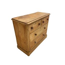 Late 19th century pine chest, fitted with two short and two long drawers with wooden handles, on plinth base