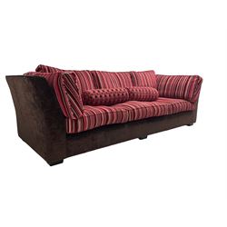 Collins & Hayes - grande three seat sofa upholstered in chocolate fabric, the loose cushions upholstered in textured fuschia stripes with contrasting spotted bolster cushions