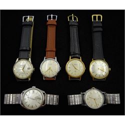 Six plated and stainless steel manual wind wristwatches including Baume, Oris, Wittnauer, Cimier, Uno and Levicta