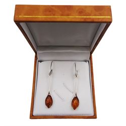 Pair of silver amber pendant earrings, stamped 925 