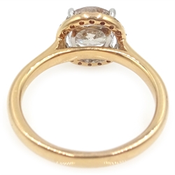  18ct rose gold diamond halo ring, stamped 750, central diamond approx 1.3 carat  