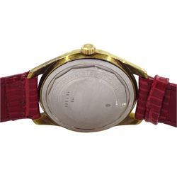 Longines Admiral gentleman's gold-plated automatic wristwatch, silvered dial with day/date aperture, on red leather strap