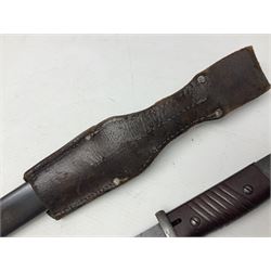 WWII German K98 Mauser bayonet by E. & F. Horster, the 24.5cm fullered blade marked 43aSW for 1943, numerous inspection marks to blade and pommel, bakelite grips and bluing to metal parts; in steel scabbard with corresponding numbers and leather frog L42cm overall