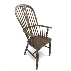 19th century high back ash and fruit wood Windsor armchair, turned supports joined by stretchers