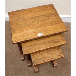  Pair Victorian oak footstools, upholstered seat on bun feet (W34cm, H9cm, D37cm) and nest three oak tables (W45cm, H40cm, D36cm)  