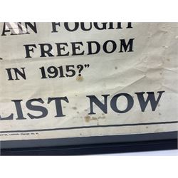 WW1 1915 Recruiting Poster “What Will Your Answer Be”; depicting the silhouette of a Boy Scout asking his father “ What did YOU do to help when Britain fought for freedom in 1915” ENLIST TODAY”;  49 x 76cm in ebonised frame