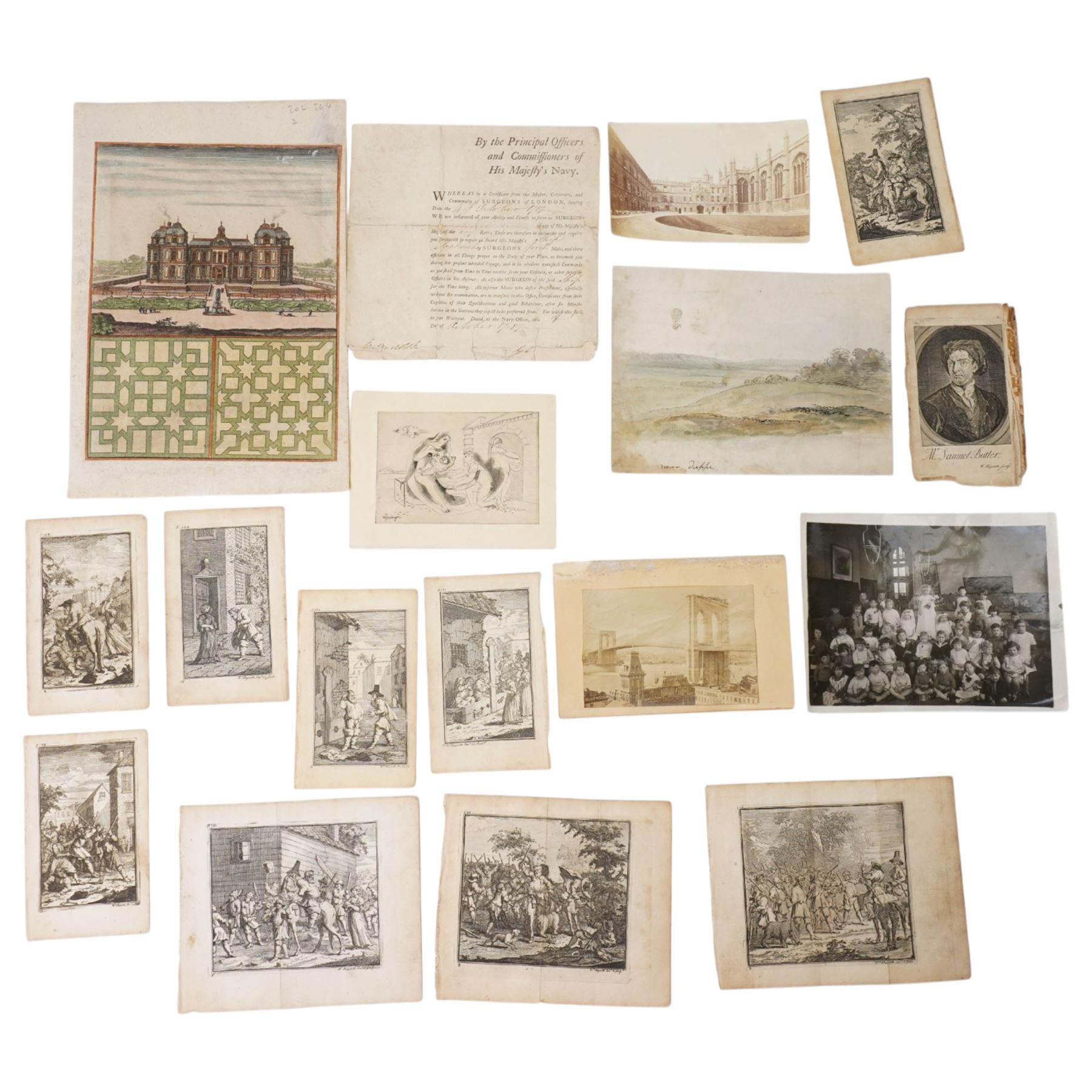 Collection of paper and photographic ephemera, to include a 19th century watercolour of a balloon flying 'near Dieppe', collection of engravings after William Hogarth, hand-coloured engraving of the Chateau de Verneuil and its garden design, etc 