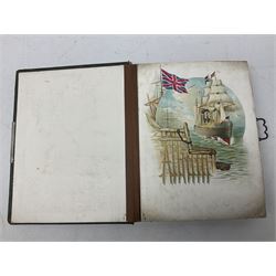 Victorian desk ink blotter, decorated with painted spray of flowers within stylised gilt rococo spandrels with mother of pearl fixings, together with a Victorian photo album containing interior leaves with apertures of various sizes and shapes of portraits surrounded by printed sea and dock scenes, blotter L28cm