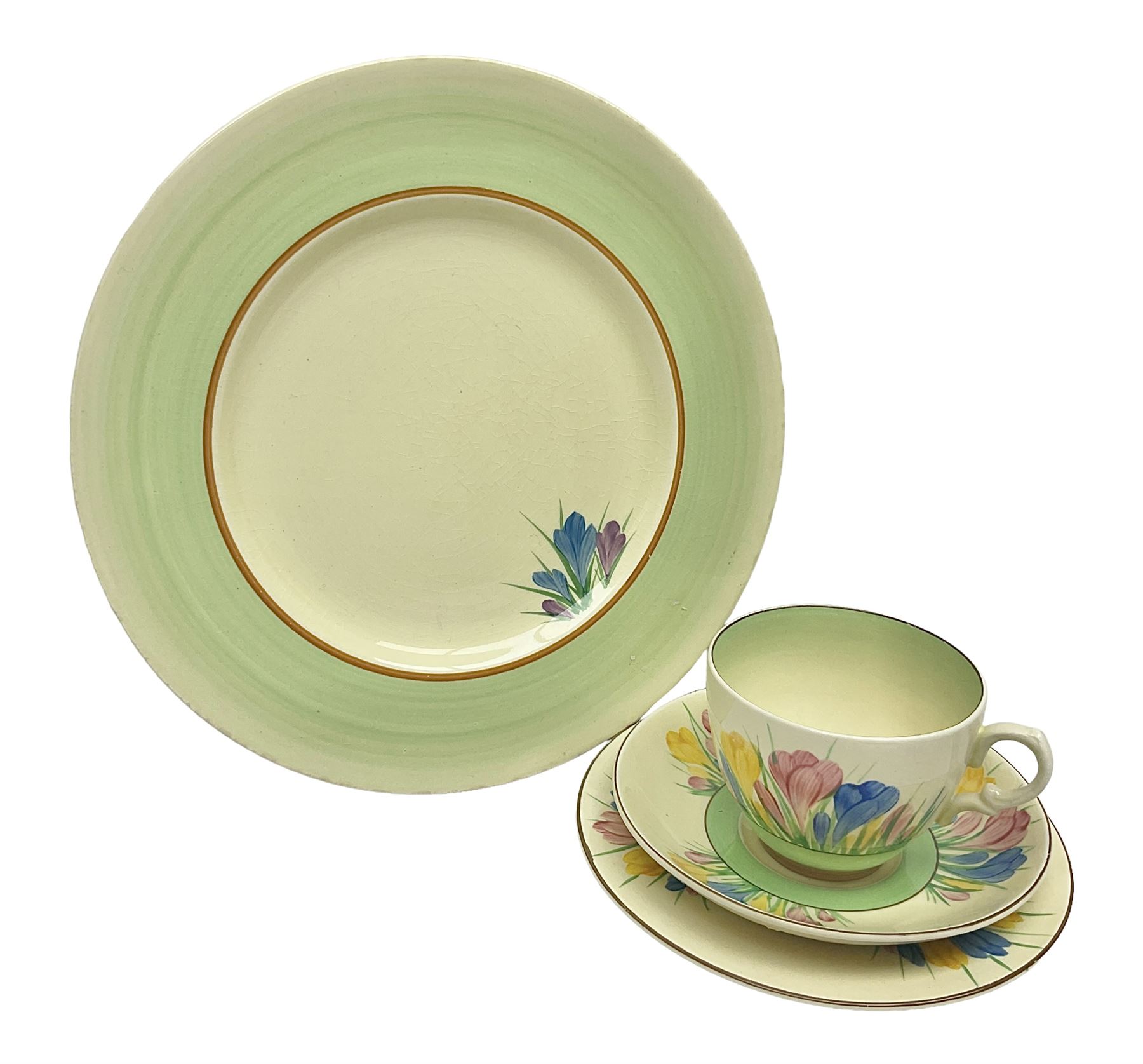 Clarice Cliff trio and plate in Spring Crocus pattern, all with printed mark beneath, plate D25cm 