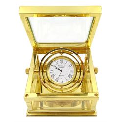 Sewills captains quartz desk clock, with gimble compass mount, in square display case, model No. 9731, boxed with papers