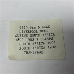 Victoria Queens South Africa Medal with Transvaal, South Africa 1901 and South Africa 1902 clasps awarded to 6769 Pte. D. Leak Liverpool Regiment; with replacement ribbon.