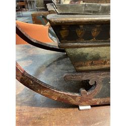 Unusual 18th century small Northern European wooden sled, with curved scroll back, the sides painted with coastal shipping scenes, the interior with removable zinc liner, upon curved irons painted with flower heads, H36cm W56cm D29cm