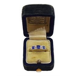 Art Deco 18ct gold milgrain set three stone French cut sapphire and four stone old cut diamond ring by R. Bros, stamped, total sapphire weight approx 1.00 carat