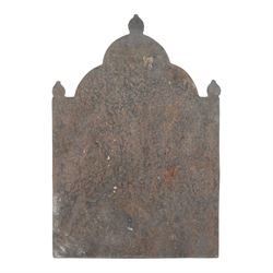 Cast iron fire back, depicting a couple under a tree with three acorn finials, H74cm