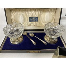 Pair of silver and glass table salts, Henry Clifford Davis, Birmingham 1922, together with two silver spoons also hallmarked Henry Clifford Davis, in fitted case, hallmarked silver teaspoon and fork, together with quantity of silver-plate to include Walker & Hall cutlery, brass ware etc