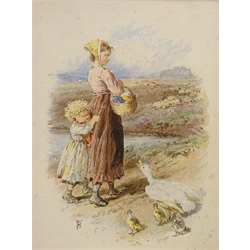  Going to the Well, Girl Feeding Cow, Returning from Shopping and  Girl Holding a Child, four colour prints after Myles Birket Foster (British 1825-1899) 12.5cm x 9.5cm  