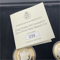 King Charles III 2023 'Coronation Silver Proof Mint Masters Set' comprising Bailiwick of Jersey, Bailiwick of Guernsey and Isle of Man sterling silver proof five pound coins, cased with certificate and Queen Elizabeth II 2019 Bailiwick of Jersey 'Remember With Us' silver two pound and five pound pair, cased with CPM certificate