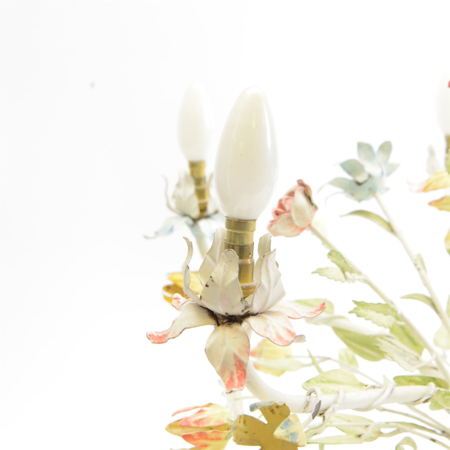 Mid-20th century French toleware chandelier, designed as a multicoloured floral bouquet, five branches each terminating in light fittings