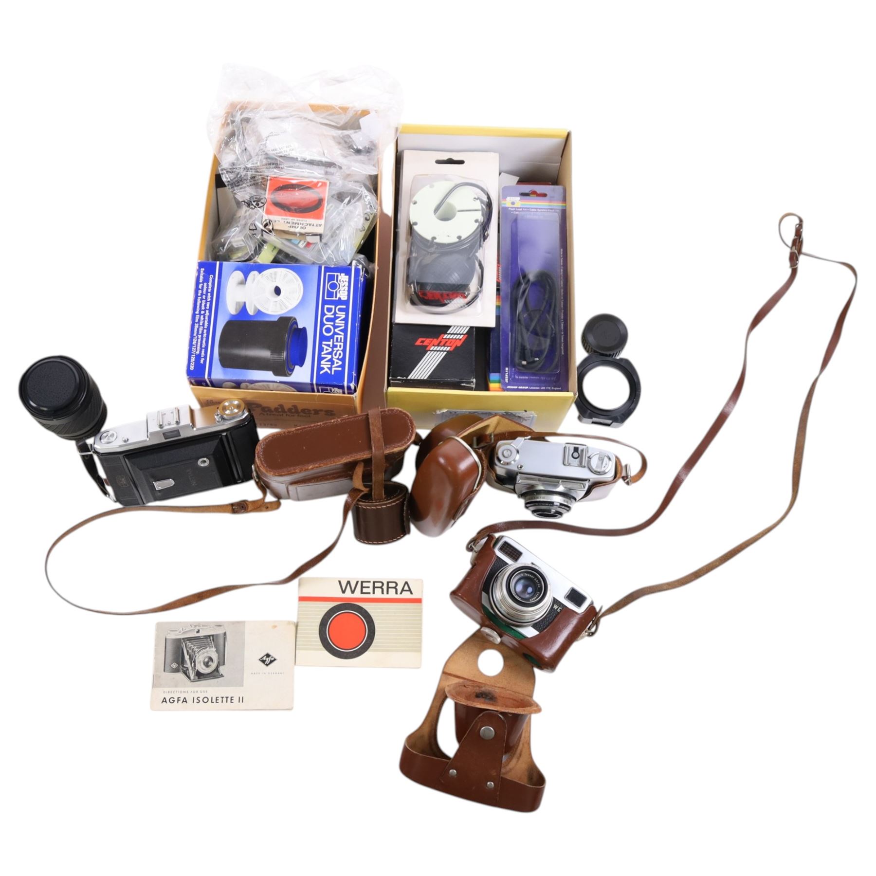 Agfa Silette II, Agfa Isolette II, Werra film camera, Zeiss Ikon folding bellows, Sigma 70-210mm zoom lens, and other accessories
