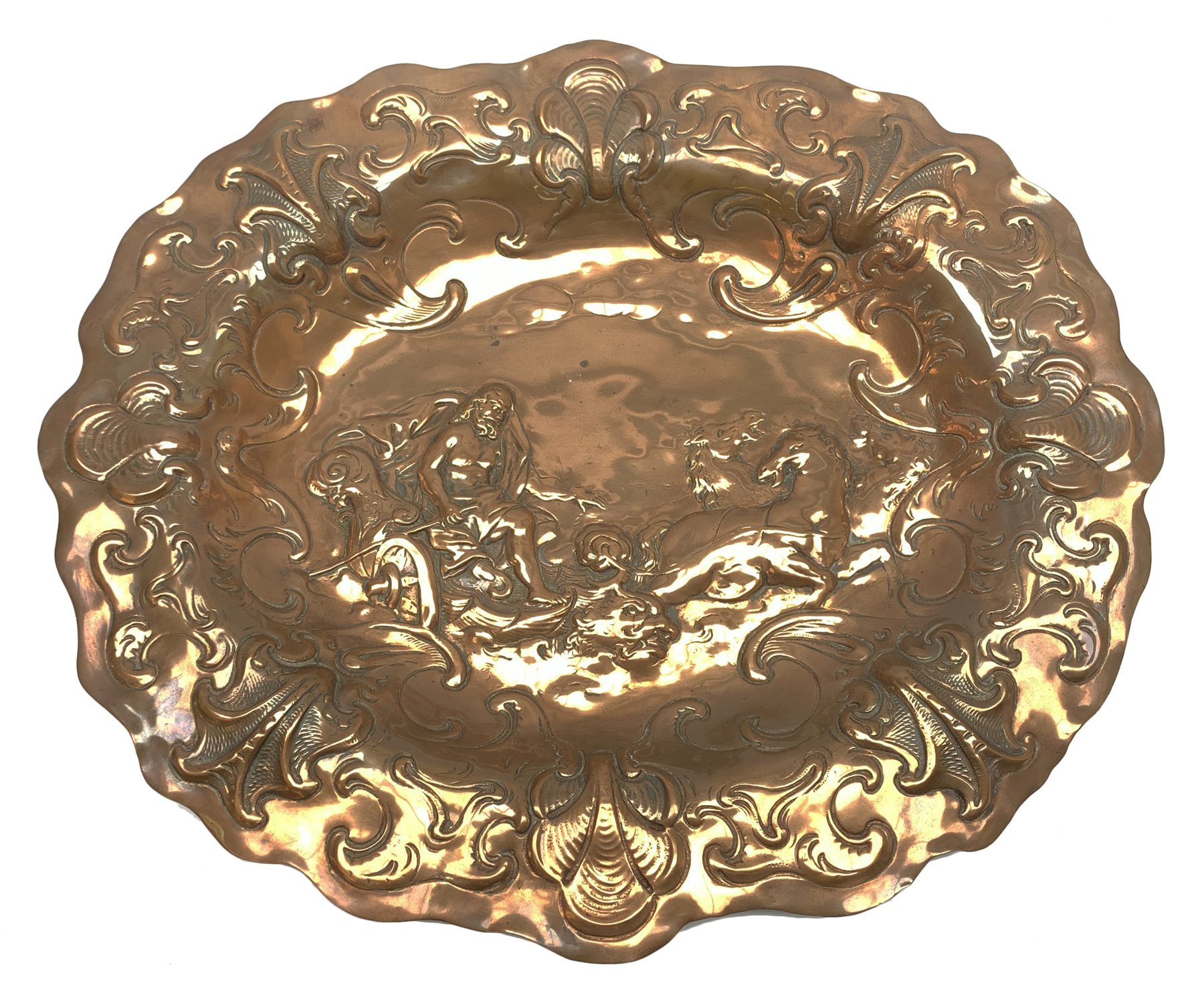 Large Newlyn School oval copper wall plaque, the dished centre embossed with a study of Neptune riding the waves, within a scrolling border with wavy rim, W48cm, H42cm
