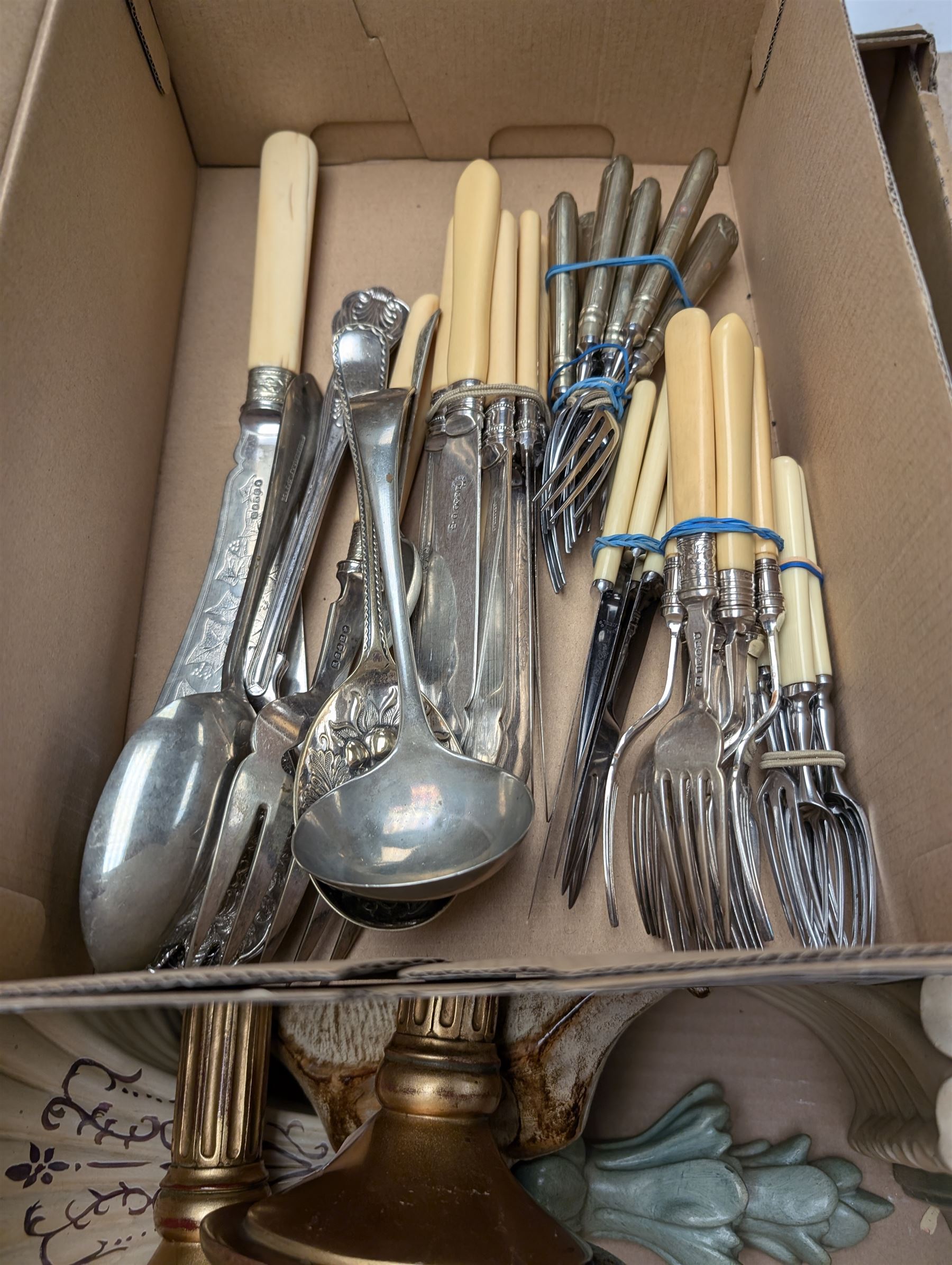 Pair of modern candlesticks in gilt finish, Chinese wooden waste paper basket, box of cutlery and other collectables