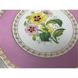 Victorian Copeland, Botanical dessert service, decorated with floral sprigs to the centre with a pink and gilt border, comprising five comports and seven plates, largest comport H20cm, plate D22cm