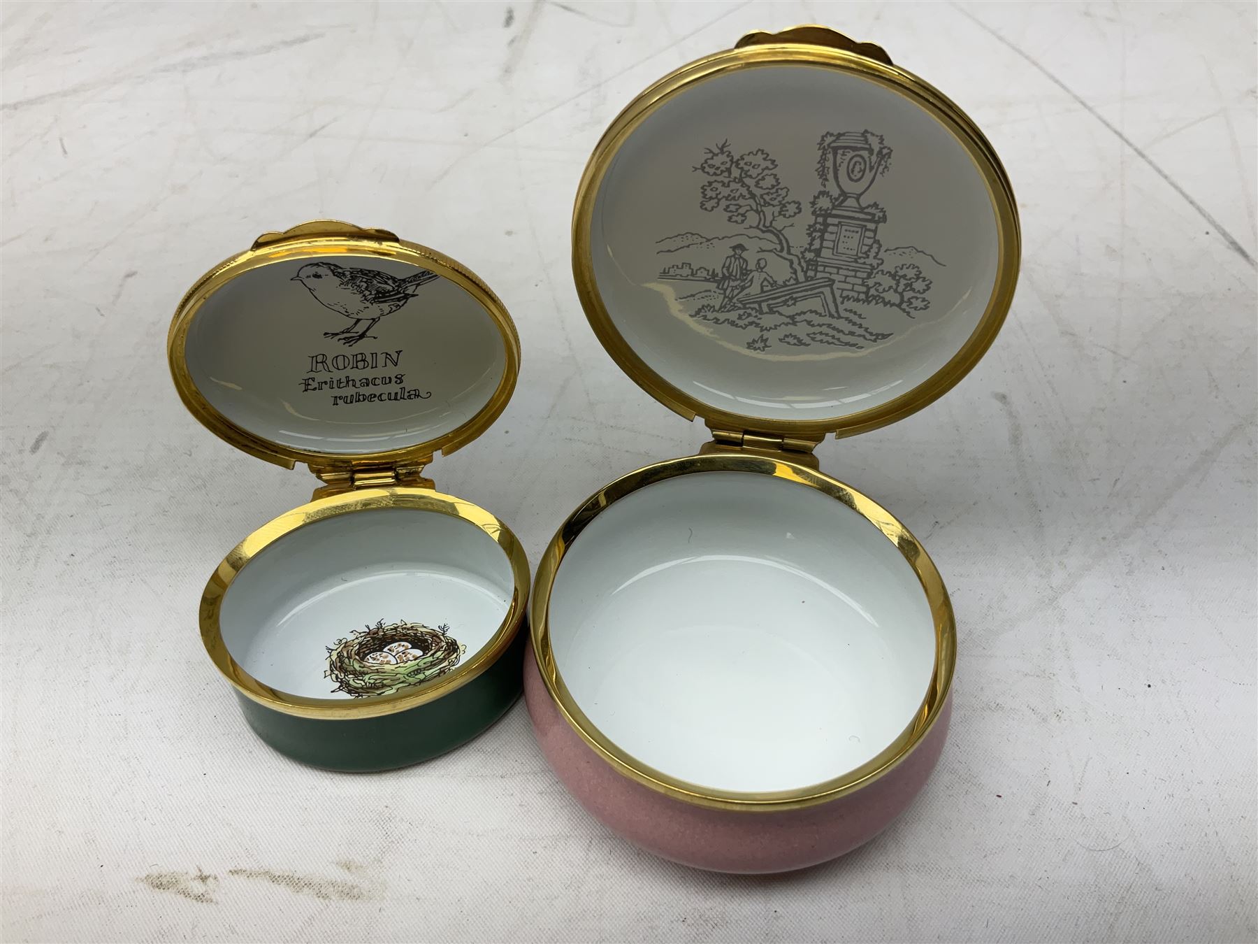 Three Sylvia Smith models of Old English Sheepdogs, Royal Orleans Pink Panther lidded box, two Crummels boxes and two Royal Worcester bird figures