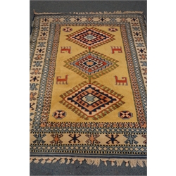  Turkish blue ground rug, geometric pattern field, repeating border, 205cm x 160cm  