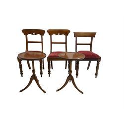 Pair Edwardian mahogany wine tables on tripod base (W40cm H60cm) and set three Victorian dining chairs with drop-in seats