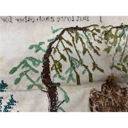 Victorian needlework  picture and verse sampler, 'In memory of Joshua Thomas who died Sep 22nd 1871 age 45', worked by Rebecca Emmott 1872 age 21, H66cm, W61cm 