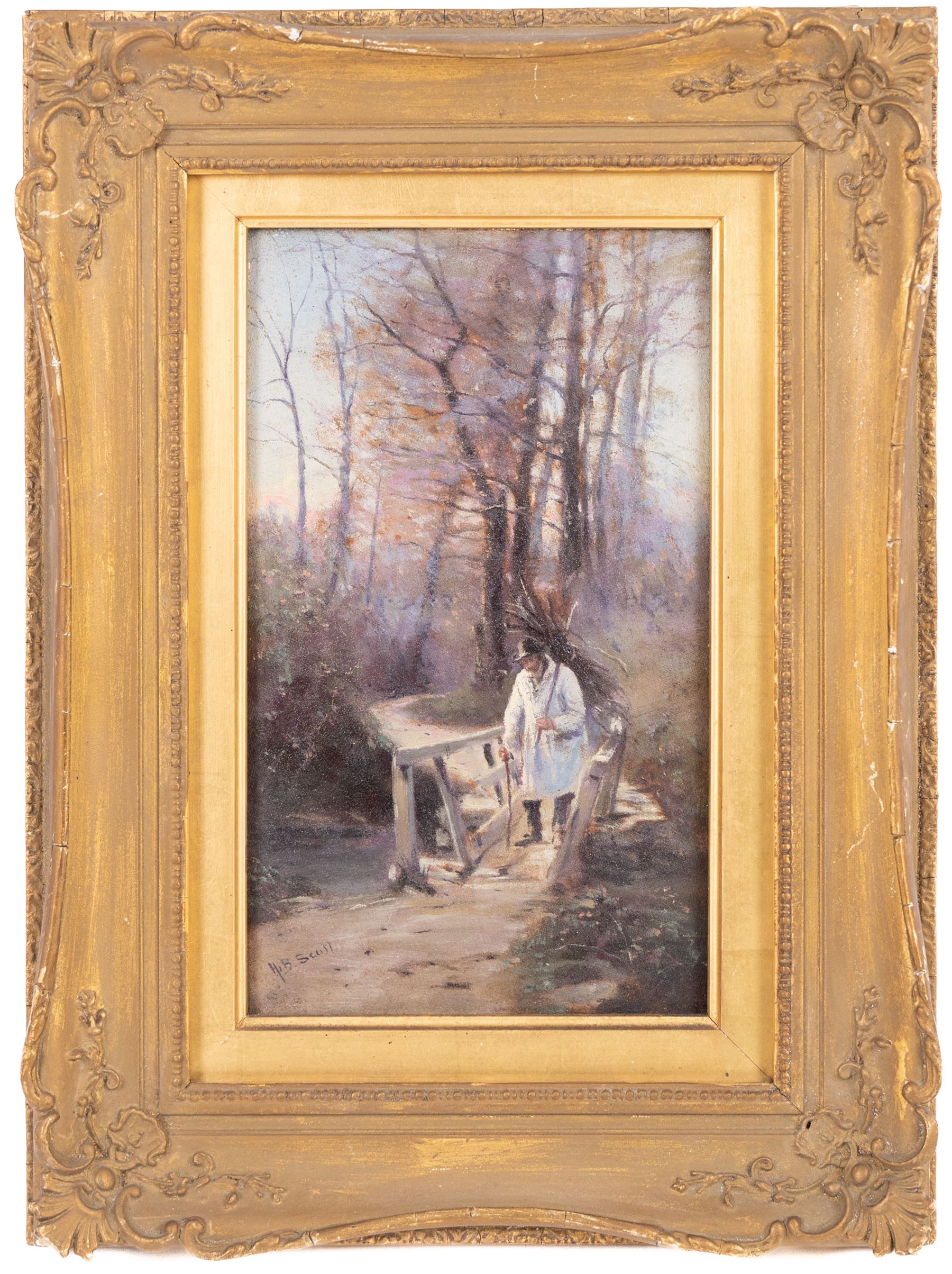 Hugh Berry Scott (British 1854-1940): Old Man Gathering Sticks, oil on panel signed 20cm x 12cm 