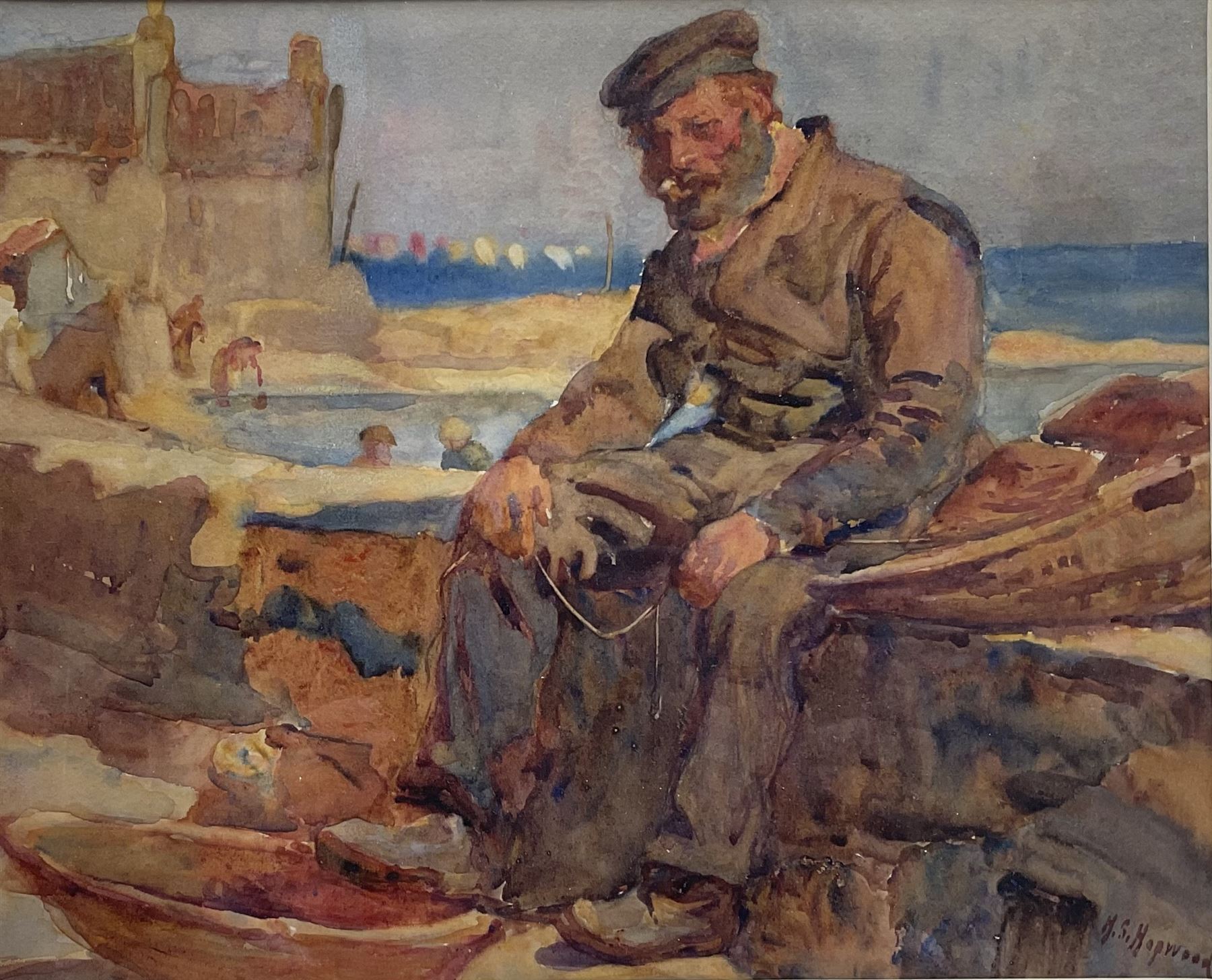 Henry Silkstone Hopwood (Staithes Group 1860-1914): Fisherman sitting on the Harbour Wall, watercolour signed 23cm x 29cm