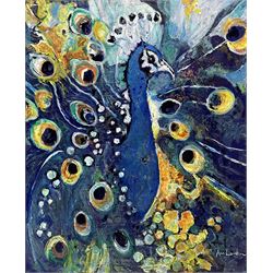 Ann Lamb (British 1955-): Peacock, mixed media on canvas signed 46cm x 38cm (unframed)