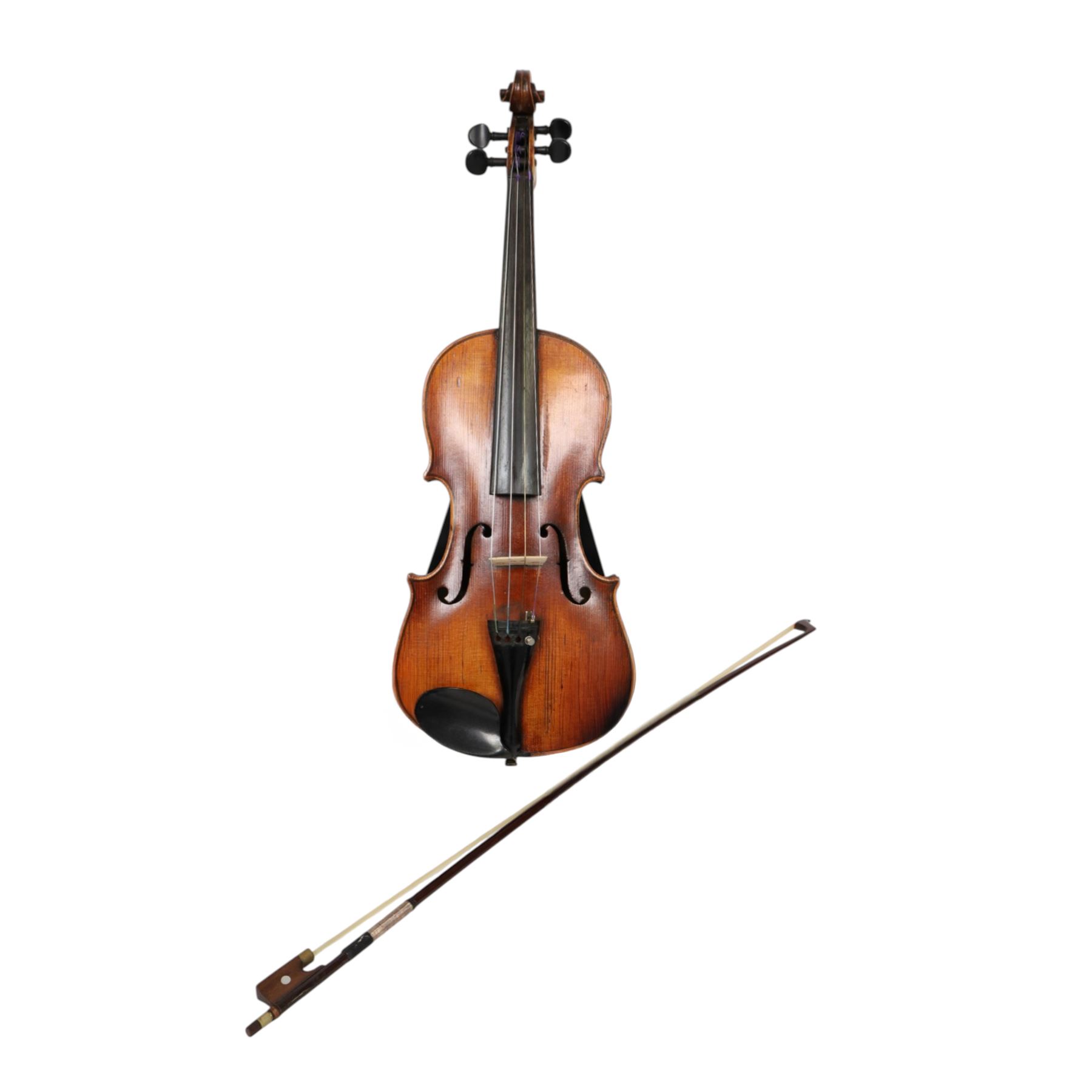 19th century violin, bearing indistinct label to interior, with single piece back, with bow contained within fitted case, violin L60cm