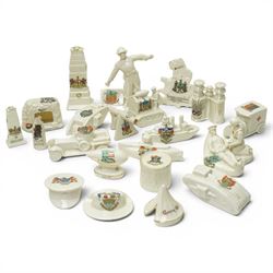 WW1 crested china including Grafton 'The Bomb thrower', Swan 'Nurse & Wounded Tommy', Mode...
