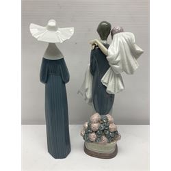 Two Lladro figures, Over the Threshold no 5282 and Prayful Moment no 5500 together with five Nao figures